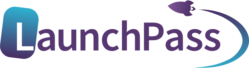 Launchpass logo letter L in tilted rectangle with rounded corners and rocketship symbol curving up and around
